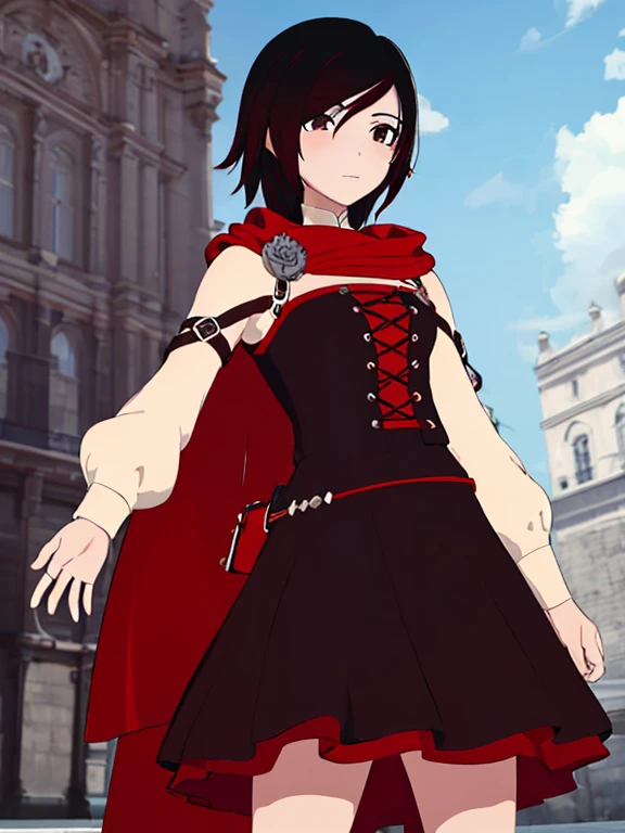 ((Obra maestra,mejor calidad)),  absurdos,
vestido largo blanco, 
ruby_rwby,
solo,  enojada, mirando al espectador, tiro de vaquero,pose, fight,