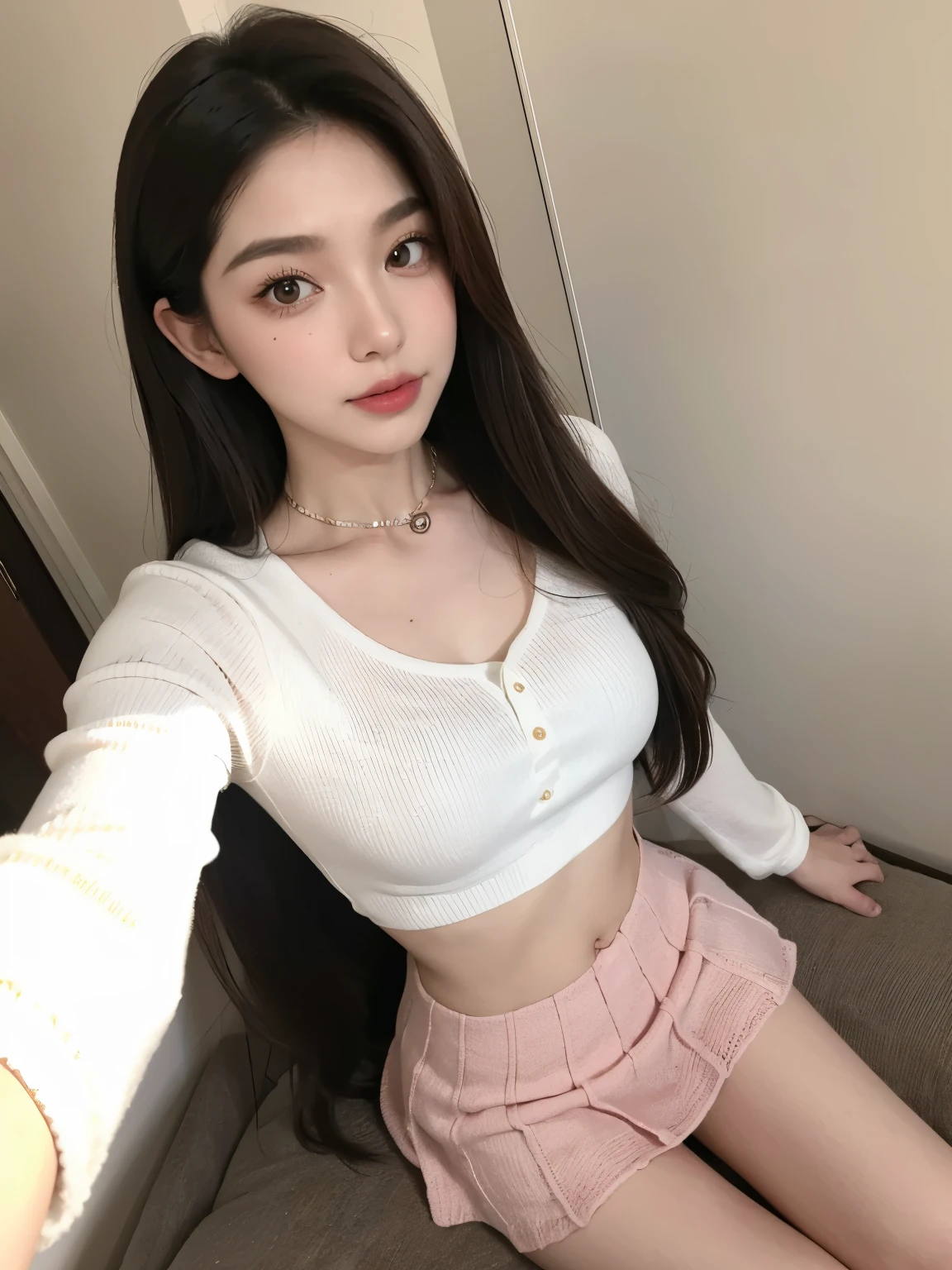 Kim Jennie with white brown hair, con rulos en las puntas, all her hair white brown, with a star clip in her white brown hair, ojos de color claro, ojos bonitos, ojos llorosos, nariz bonita y respingada, nariz lloroso, labios bonitos, labios rosas, heart and cupid shaped lip, piel bonita, pale, piel blanca, con lunares y pecas en todo el rostro, rubor rosa suave en las mejilla, rubor rosa natural, maquillaje suave y rosa, jennie, cuello bonito, cuello marcado, frown, mirada tierna, con un collar de beso, un collar bonito de beso, parecido a Yumeko Jabami, mientras lleva puesto un Crochet YK2, de lana, with a YK2 style brown mini skirt, mientras lleva una casaca con estampados de ositos, mientras tiene el abdomen desnudo, delgado, marcado y bonito, (pechos grandes, pechos suaves, pechos bonitos), mientras esta haciendo cospaly del personaje Yumeko Jabami, del anime Kakegurui, mirando a la camara, autofoto, selfie bonita