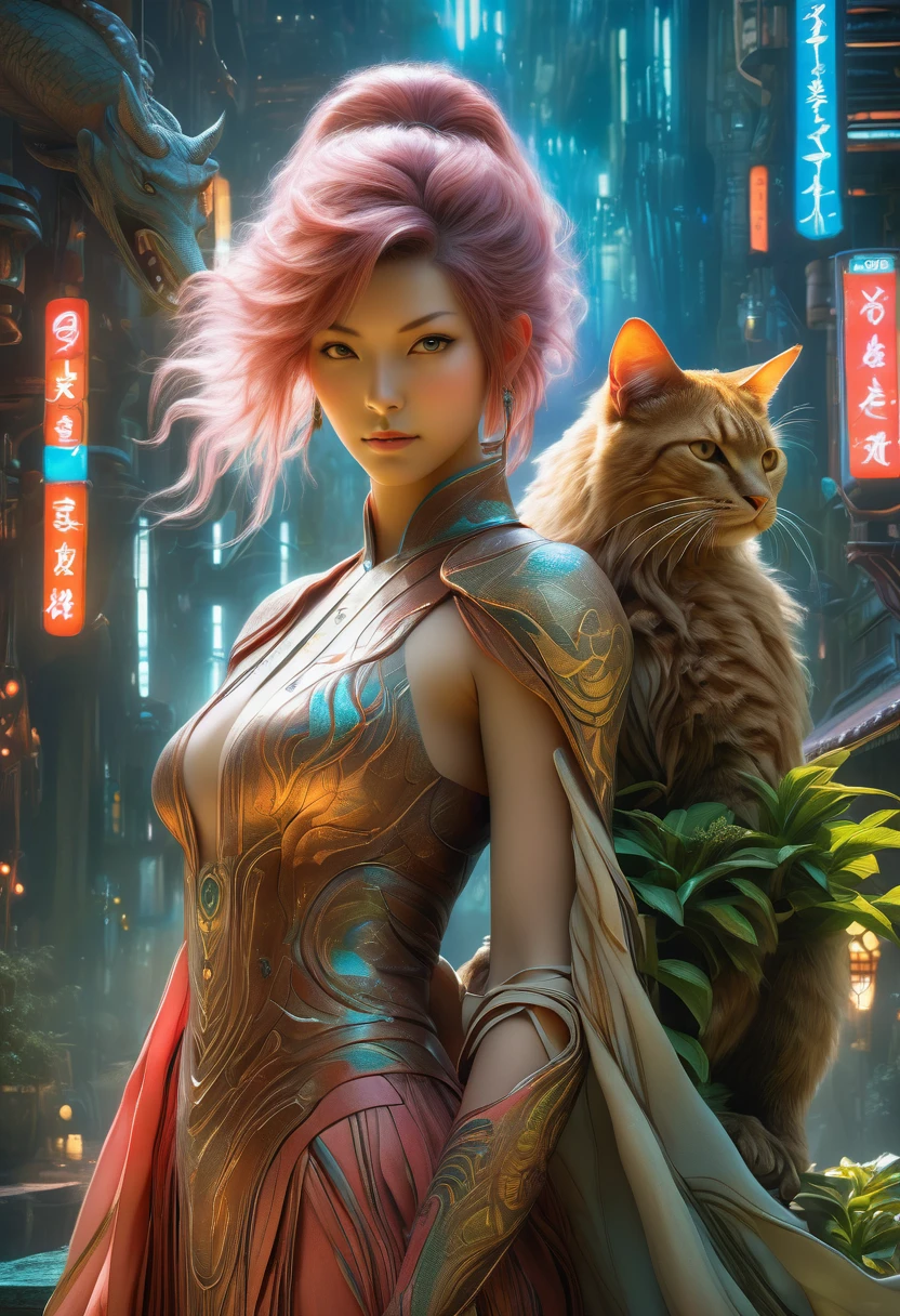 best quality,4k,8k,highres,masterpiece:1.2,ultra-detailed,realistic:1.37,HDR,UHD,studio lighting,ultra-fine painting,sharp focus,physically-based rendering,(Yoshitaka Amano style:1.1),SFW,(safe for work), A nordic woman and her guardian familiar, mystical creature,otherworldly creature,enchanting companions,wearing stylish futuristic clothes,inspired by Phantasy Star Online,wide angle, dynamic poses, (The woman, with her eyes brightly colored, no makeup and her nordic facial features elegantly detailed, adding to her allure. Dressed in elegant casual clothes with a stylish futuristic jacket.), (She is accompanied by a guardian, a Raijin and Fujin mixed creature with exquisite appearance features resembling a lovecraftian cosmic horror. The creature's presence adds a sense of wonder and magic to the scene.), (The woman and her companion stand in a dark and gothic city, a modern metropolis with surreal plants, and vibrant signs. The colors are vibrant, with a mixture of olives, browns, and pale reds creating a dreamlike atmosphere.), (The lighting is soft but illuminating, casting a gentle glow on both the woman and the creature.), (The overall composition has a realistic and photorealistic quality, capturing the essence of the scene in intricate detail.), (The art style is inspired by Yoshitaka Amano, known for his ethereal and otherworldly illustrations. The combination of realistic elements with the artist's unique style creates a captivating and visually stunning image.),Greg Rutkowski