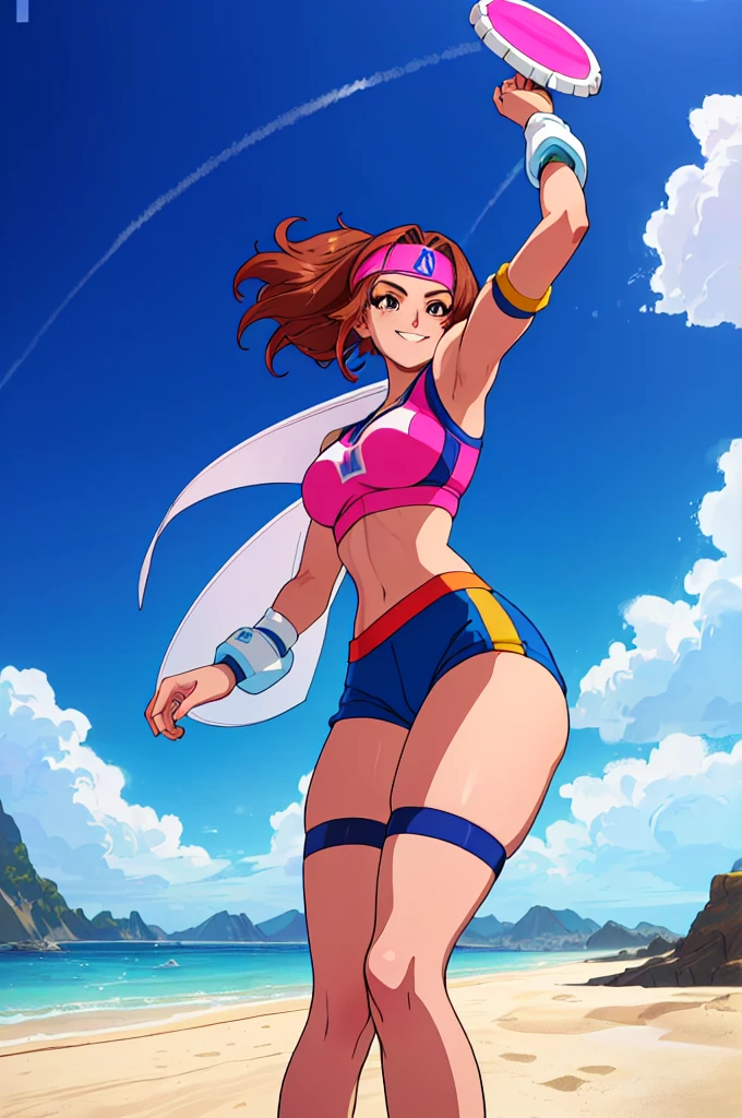 imagined a girl in extreme sport outfit playing to a flying disc game in a beach arena game sport, masterpiece, ultra-detailed, 80's anime (style), 2D, megapixel, perfectionism, full HD , 4K, (windjammers), windjammers sport game, windjammers 2 (((((solo mature anime woman,)))))++++++++++++++++++, looking at viewer, full body, brown hair and pink hair, short hair, weird hair, smile, lips, eyelashes, medium breasts, gym uniform, uniform, gym shorts, headband, sports bra, elbow pad, knee pad, extreme sports outfit 80's theme, beach background, playing flying disc game on a beach court game, sea, sun in the sky, sports wear