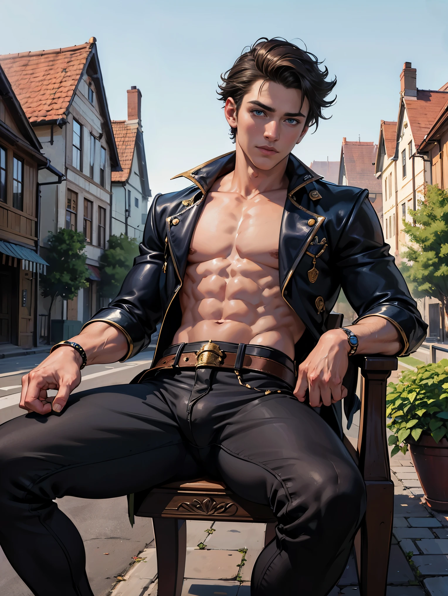 (absurdres, highres, ultra detailed, HDR), masterpiece, best quality, portrait of a boy, handsome boy with blue eyes, detailed face,  in a town, young built body, handsome adventurer, professional photo, rpg style man detailed torso, sitting comfortably while legs spread, (puffy(from below:1.1)), eyes on viewer,young boy 18 years old, handsome boy, detailed background, masterpiece art