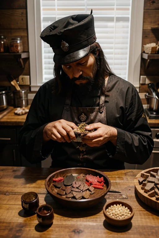 there is an emperor of evil, crafting some raw foods on a iron table