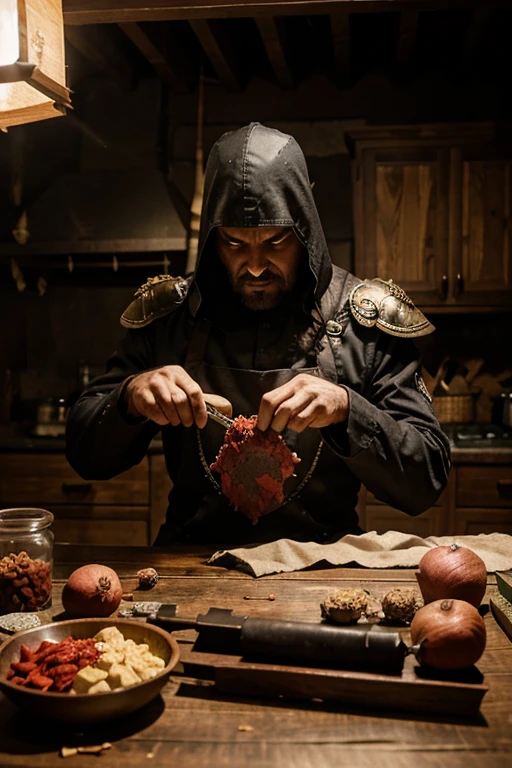 there is an emperor of evil, crafting some raw foods on a iron table