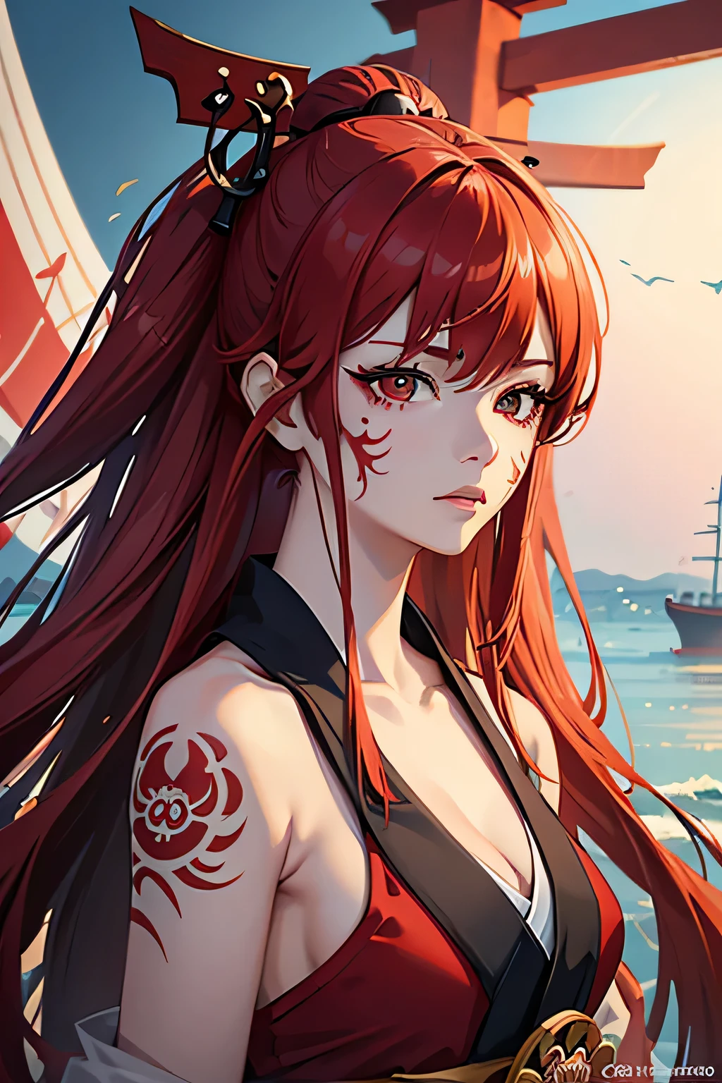a close up of a red faced woman with a boat, geisha tattoo, digital airbrush art, inspired by Torii Kiyonobu I, cyberpunk geisha, detailed face of an asian girl, airbrush art, inspired by Torii Kiyomitsu, inspired by Torii Kiyomoto, inspired by Torii Kiyomasu