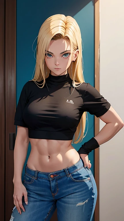 melhor qualidade, high resolution, E18, 1 mulher, 20 anos de idade, android 18, Android18DB, Sozinho, cabelo loiro, olhos azuis, cabelo curto, brincos, colar, gargantilha, pulseira, accessories, corpo perfeito, perfect abs, bumbum perfeitamente redondo, top cropped preto justo (sob os seios), saia curta azul escuro, decote, visible abdomen, saia levantada, meias altas, olhar encantador, pose sexy, fundo desfocado, (cinematic lighting), (8k), (obra de arte), (clima: ventoso), ((fotorrealista))
