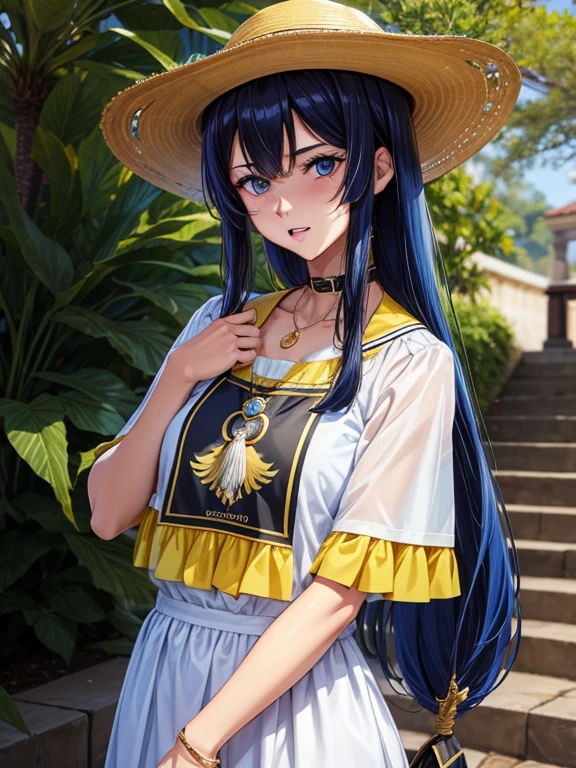 punctuation_9, punctuation_8_acima, punctuation_7_acima, punctuation_6_acima, fonte_anime, QUEBRA 1girl snvAphro, cabelo encaracolado, flor de cabelo, seios grandes, sunhat, camiseta branca, saia amarela, babados, colar standingrolas, jardim, looking at you, olhos fechados, feliz, Boca aberta, standing