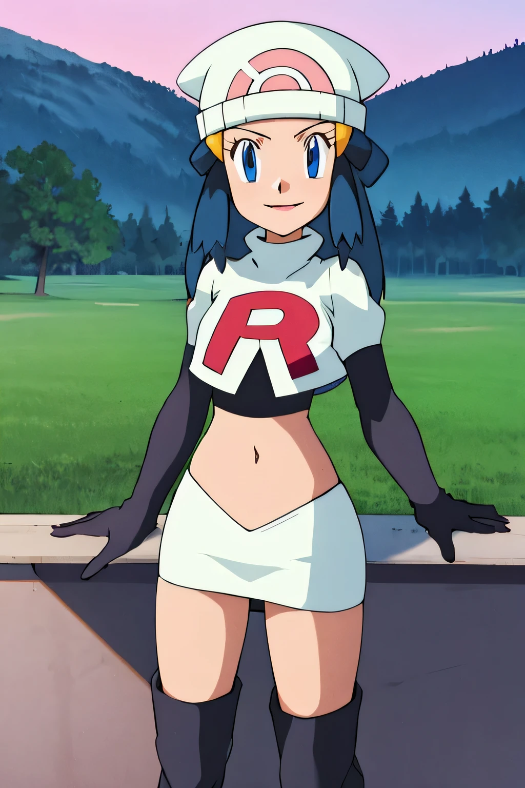 masterpiece, best quality, highres, outdoors, 1girl, solo, dawn (pokemon), hat ,glossy lips ,team rocket uniform, red letter R, white skirt,white crop top,black thigh-high boots, black elbow gloves, evil smile, looking at viewer, cowboy shot