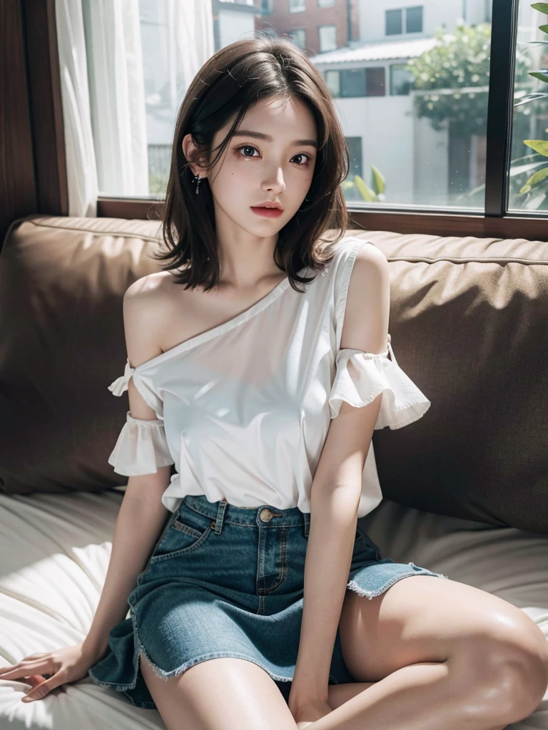 absurdres, RAW photo, extremely delicate and beautiful, masterpiece, Best Quality, ultra high resolution, 32k, hyperrealistic, ultra-detailed, detailed description, pale skin, 20 years old, detailed beautiful face and eyes, tearful mole, earring, Colossal tits, short medium hair, wavy hair, full body shot, alone, shirt, skirt, bare legs, bare shoulder,