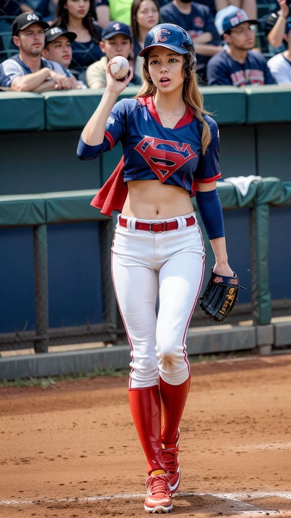 The scene where a female baseball player transforms into Supergirl, the transformation suddenly starts without any warning during the game, the surprised expression, the deformed baseball cap, the baseball uniform smoothly changes into the Supergirl costume, the baseball uniform long pants are the Supergirl costume Changes smoothly, transforms into something shiny, transforms vividly, transforms without any discomfort, baseball shoes smoothly transform into long boots,
