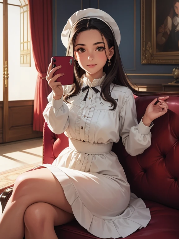 １９９９De ano３０Retrato de uma senhora francesa loira, period dresses, Genuine Leather, You can take selfies while sitting as if you were using a smartphone., (living room with period furniture, luz suave temperamental: 1.2),Rosto sorridente gentil,(peito enorme:1.3)