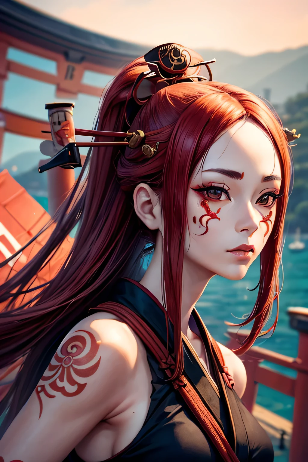 a close up of a red faced woman with a boat, geisha tattoo, digital airbrush art, inspired by Torii Kiyonobu I, cyberpunk geisha, detailed face of an asian girl, airbrush art, inspired by Torii Kiyomitsu, inspired by Torii Kiyomoto, inspired by Torii Kiyomasu