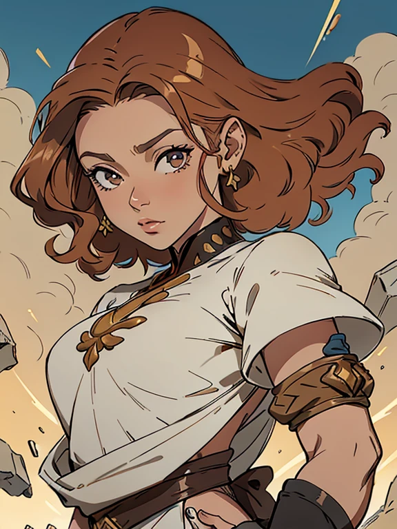 ((obra de arte,melhor qualidade)), pele marrom, olhos amarelos, longos cabelos ruivos, seios grandes, ancas grandes, cabelo entre os olhos, o cabelo explode, 1 garota, Sozinho, brown-skinned female, Red-haired female, Vista frontal, coxas gordas, rabo de cavalo, tom de pele castanho-avermelhado, vestir
