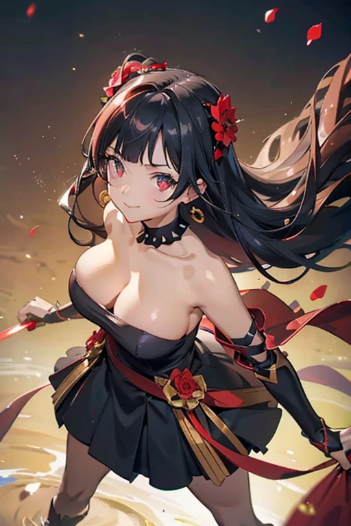 Anime style beutiful woman, 1girl,fullbody, happy, (with sparkling eyes and a contagious smile:1.2), red face, closed mouth, beautiful detailed eyes, super detailed skin, backlighting, bare shoulders, black background, black dress, black gloves, black hair, breasts, dress, earrings, fingerless gloves, floating hair, floral print, flower, gloves, gold earrings, gold hairband, hair flower, hair ornament, hairband, holding, holding weapon, jewelry, large breasts, long hair, looking at viewer, off-shoulder dress, off shoulder,red eyes, short hair with long locks, sidelocks, solo, spikes, thighs, two-sided dress, two-sided fabric, weapon, fighting stance , face, close up, from above, highest quality, high resolution,Real World, Natural light,perfect Natural light,looking at viewer,
