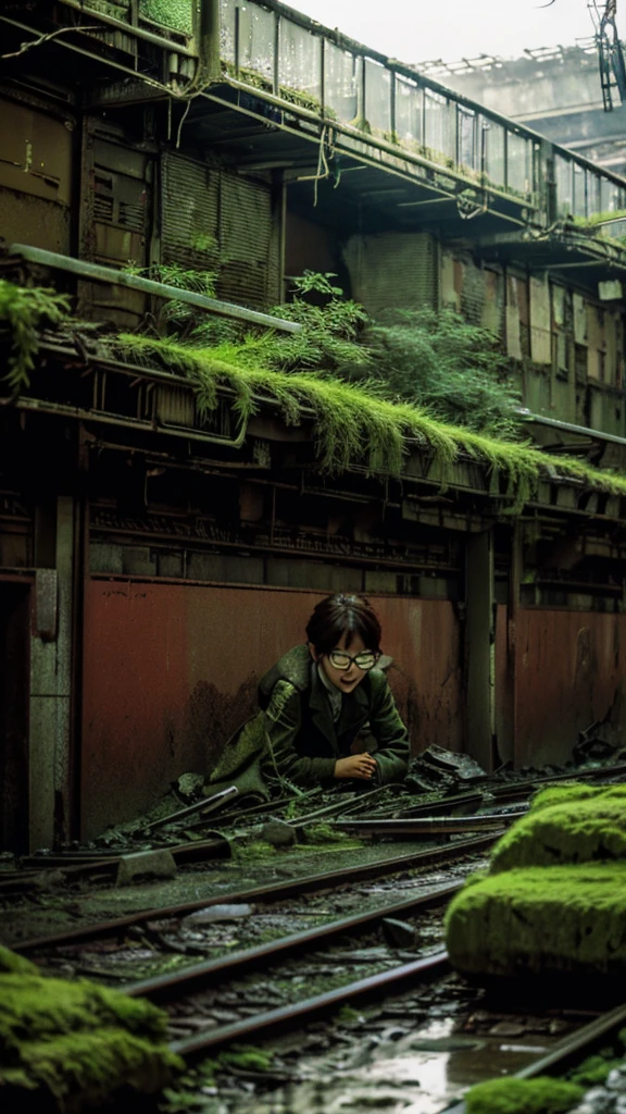 subway,moss,Showa,Collapse,Devastation,Inside the ruins,Glasses,Women,adventure,Black and White,