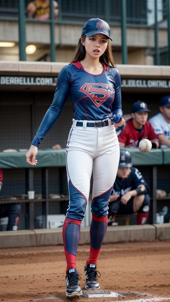 The scene where a female baseball player transforms into Supergirl, the transformation suddenly starts without any warning during the game, the surprised expression, the deformed baseball cap, the baseball uniform smoothly changes into the Supergirl costume, the baseball uniform long pants are the Supergirl costume Transforms smoothly into a shiny Supergirl costume, original transformation, transforms without any discomfort, baseball shoes smoothly transform into long boots,