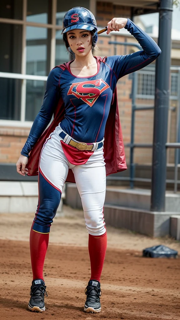 The scene where a female baseball player transforms into Supergirl, the transformation suddenly starts without any warning during the game, the surprised expression, the deformed baseball cap, the baseball uniform smoothly changes into the Supergirl costume, the baseball uniform long pants are the Supergirl costume Transforms smoothly into a shiny Supergirl costume, original transformation, bizarre transformation, transformation without any discomfort, baseball shoes smoothly transform into long boots,