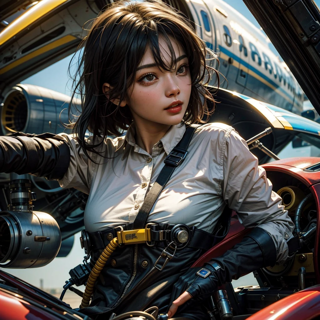 The story of one female aircraft mechanic。She is very attractive and beautiful。She is a beautiful woman who is so cute and sexy that it's hard to believe she's 32 years old.。I usually wear khaki green overalls at work.、Wearing brown leather boots, ((A narrow hangar with a low ceiling、Right behind、A bright red reciprocating engine plane used for aerobatic flying is parked here.。The aircraft is equipped with a single engine.、It's a very beautiful mid-wing aircraft with a wooden propeller.。)), hot〜While saying、The girl took off her overalls from the top half.、The sleeves were wrapped around the waist.。Rui々Her beautiful skin and white tank top look very pretty.。A tight tank top accentuates her voluptuous cleavage。Tight abdominal muscles、You would never guess from her soft-looking breasts., When you notice this、He smiled at me while holding the wrench., Her sweat makes her sex appeal stand out even more., I was fascinated by the beautiful aircraft and the attractive women.。, Did you do any engine maintenance?、on her upper body、There is oil from the aircraft here and there.。, Did he think I was looking at his chest?、He looks at me with a slightly grinning expression.。, Her chest is certainly captivating、It seems that there is a big misunderstanding.。, Even when she teases, her appearance is somehow seductive, so it's no wonder that everyone is captivated by her.。, Dynamic perspective,