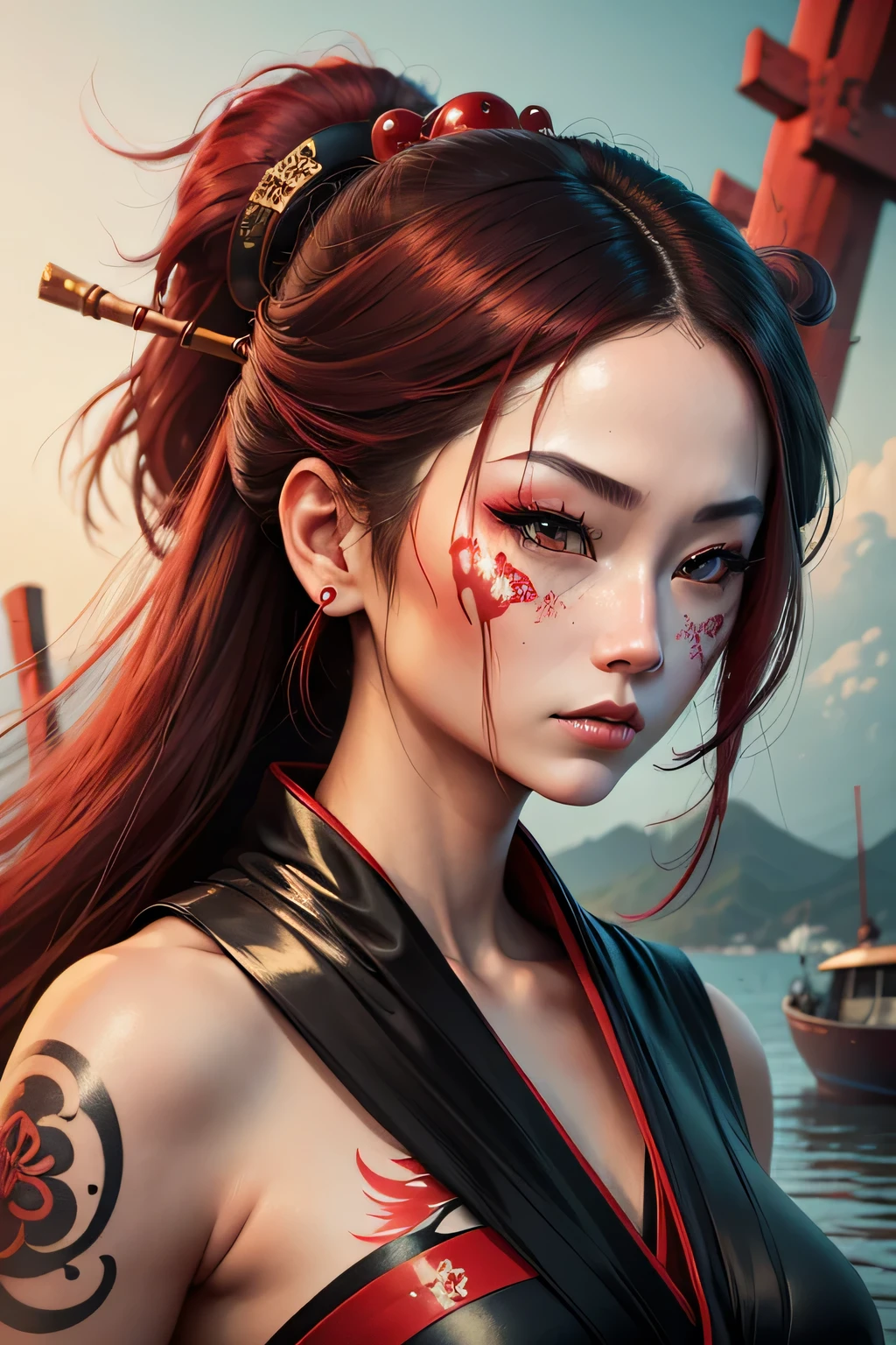 a close up of a red faced woman with a boat, geisha tattoo, digital airbrush art, inspired by Torii Kiyonobu I, cyberpunk geisha, detailed face of an asian girl, airbrush art, inspired by Torii Kiyomitsu, inspired by Torii Kiyomoto, inspired by Torii Kiyomasu