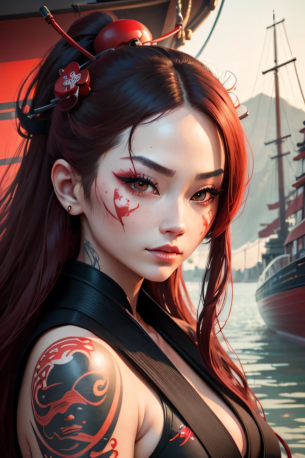 a close up of a red faced woman with a boat, geisha tattoo, digital airbrush art, inspired by Torii Kiyonobu I, cyberpunk geisha, detailed face of an asian girl, airbrush art, inspired by Torii Kiyomitsu, inspired by Torii Kiyomoto, inspired by Torii Kiyomasu