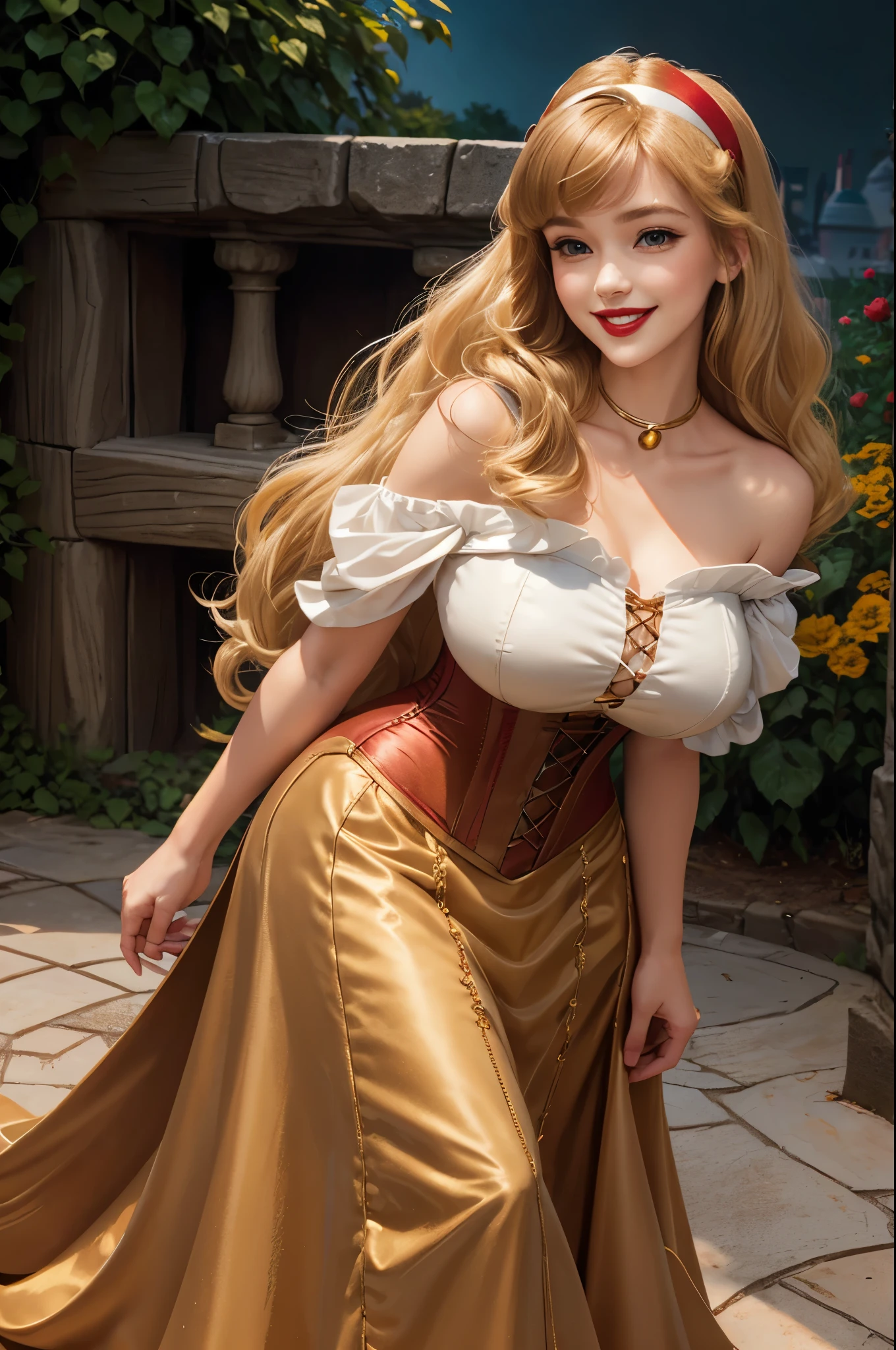 DisneyAurora 27 years old, full body shot, Beautiful woman (((shoulder length wavy caramel blonde hair))) (bangs:1.2) (dress, long skirt, corset, hairband) defined body, Red lipstick, smiling, hands free, standing, (huge_breasts:1.1) , rose garden, night (curvy:1.1)