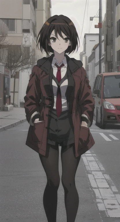 ((masterpiece)), (8k, high_resolution),(best quality), 1girl, solo, brown eyes, pale face, anemic face, bruises under the eyes, black hair, short hair, bob hairstyle, smile, look, street, city, outdoor, beautiful eyes and detailed face, medium breasts, hands in pockets, ((coat, red coat, black shirt, red tie, black tights: 1.2)), whole body, Haruhi Suzumiya, Kyōani Haruh style