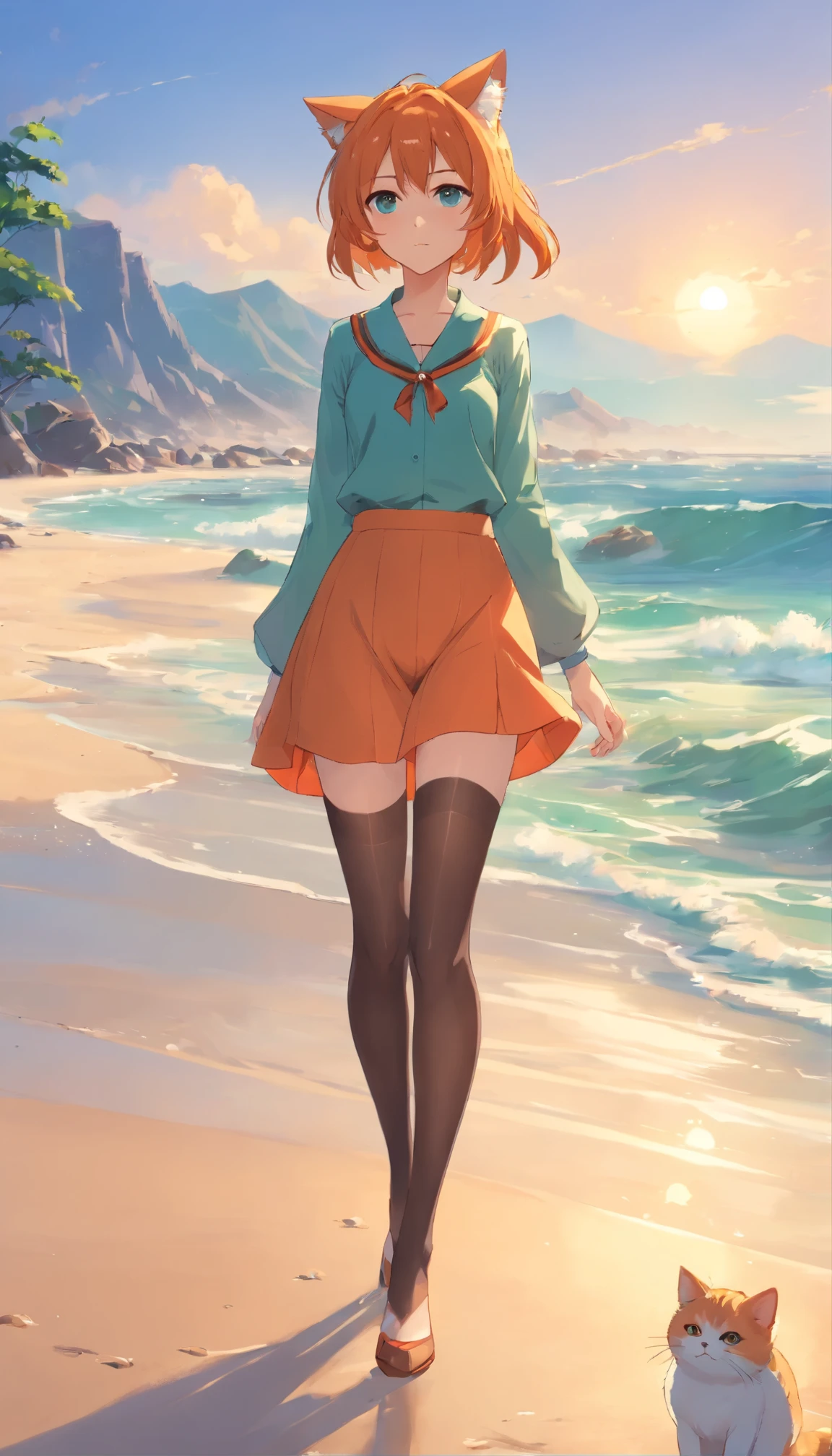 anime girl with long orange hair standing on beach near ocean, green eyes detailed digital anime art, cat ears, , anime girl with long hair, smooth anime cg art, anime girl with long hair, digital anime art, artwork in the style of guweiz, beautiful anime portrait, photorealistic anime girl render, beautiful anime girl, advanced digital anime art, pantyhose, guweiz on artstation pixiv upscale HD UHD HQ
