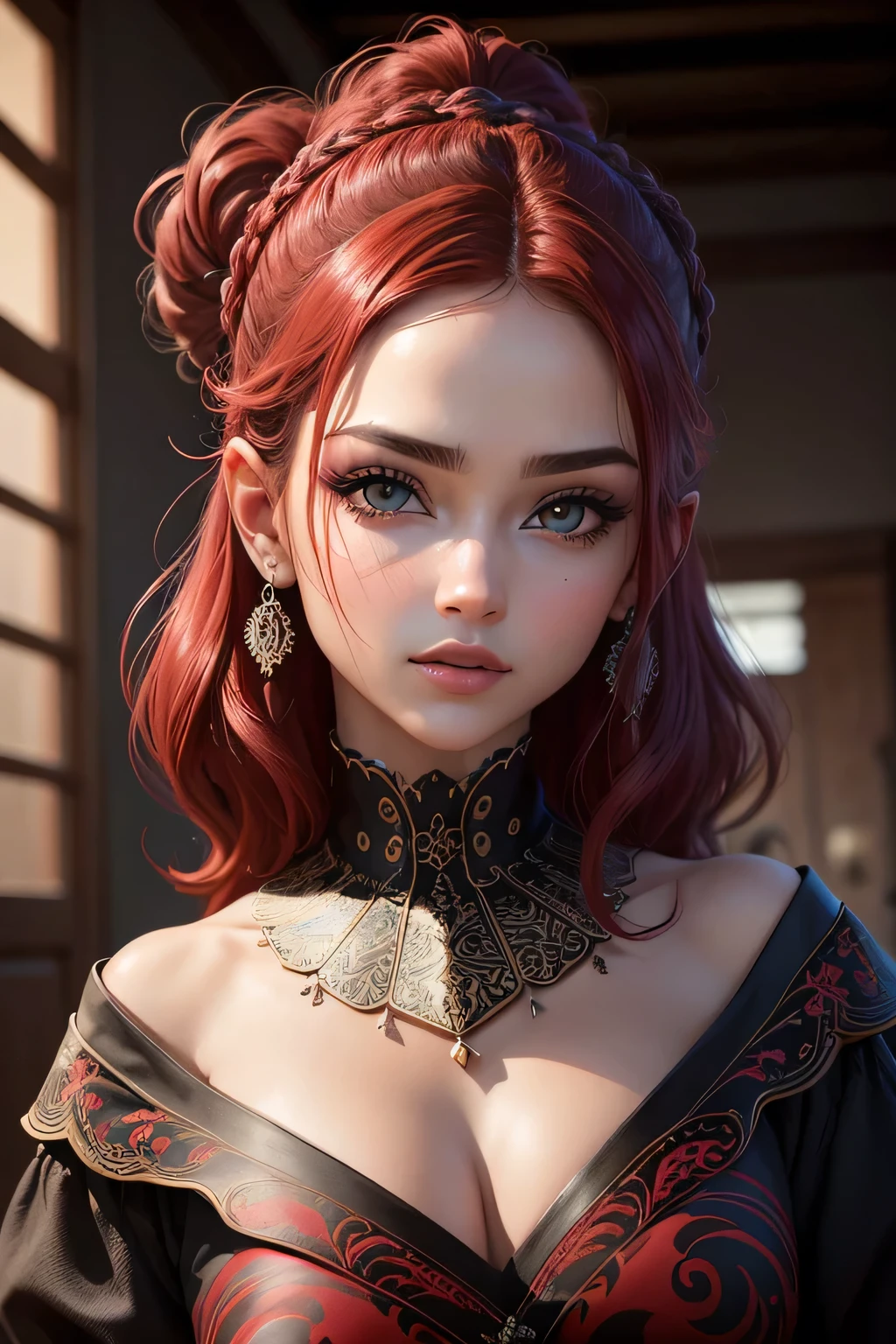 obra de arte,melhor qualidade,estilo de arte realista,CG 8k ultra-realista,Plano de fundo ultra-detalhado,delicate pattern,detalhes intrincados,melhor qualidade,rosto muito detalhado,olhos extremamente detalhados and face,olhos extremamente detalhados,1 garota,samurai,Sozinho,FUNDO VERMELHO,Cabelo longo,cabelo preto,olhos vermelhos,red highluz,olhos afiados,(tinta vermelha flutuante),luz artifact,Fumo espesso,rio,luz,