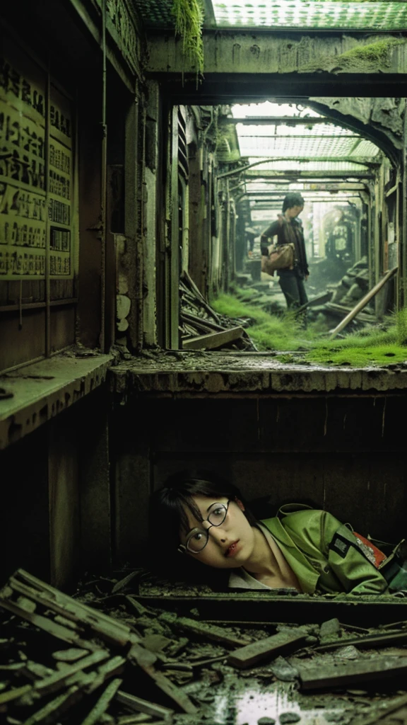 subway,moss,Showa,Collapse,Devastation,Inside the ruins,Glasses,Women,adventure,Black and White,