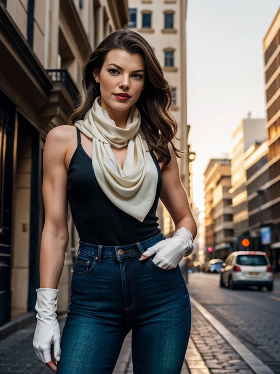 Milla Jovovich、(masterpiece:1.0), (Highest_quality:1.2), (Dark Shot:1.3), Classic Rogue, 1991 Rogue X-Men, 1 girl, Only 1, Head to Toe, standing on street corner, Elegant pose, (clothing: 茶colorの冬用コート, 茶colorのフード, Down lining, White scarf, gloves, jeans) Medium length hair, Brown Hair, Wavy Hair, One gray hair, Green Eyes, Mischievous look, Grin, Lips parted, Red lipstick, Heavy makeup, Confident expression, Backlight, (realism: 1.5), (Realistic: 1.4), (Disorganized:1.4), 8k, Very detailed, Detailed beautiful woman, (background: Midnight, it's snowing, On the streets of New York, Snowy Night), Official Art, Very detailed CG ユニティ 8k 壁紙, Perfect lighting, colorful, 超High resolution, photograph, 8k, High resolution, Kodak Portrait 400, Film Grain, blurry background, (Bokeh:1.2), (Vibrant_color:1.2), Film Grain:1.2, (暖かいcolor合い, Warm Tones:1.2), (color photo), プロのphotograph