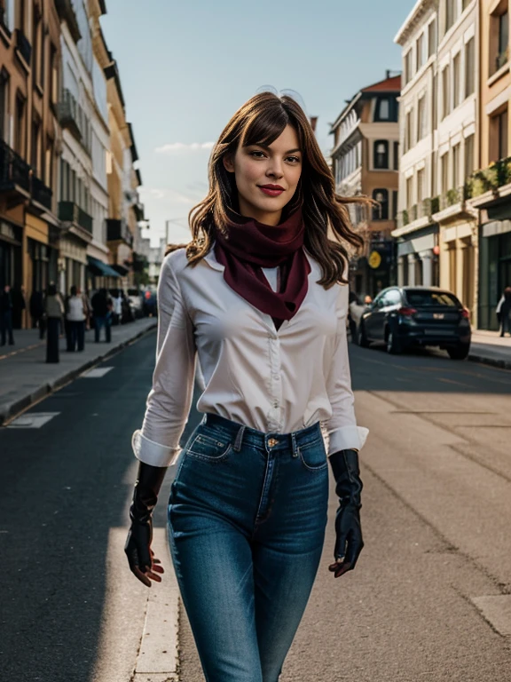 Milla Jovovich、(masterpiece:1.0), (Highest_quality:1.2), (Dark Shot:1.3), Classic Rogue, 1991 Rogue X-Men, 1 girl, Only 1, Head to Toe, standing on street corner, Elegant pose, (clothing: 茶colorの冬用コート, 茶colorのフード, Down lining, White scarf, gloves, jeans) Medium length hair, Brown Hair, Wavy Hair, One gray hair, Green Eyes, Mischievous look, Grin, Lips parted, Red lipstick, Heavy makeup, Confident expression, Backlight, (realism: 1.5), (Realistic: 1.4), (Disorganized:1.4), 8k, Very detailed, Detailed beautiful woman, (background: Midnight, it's snowing, On the streets of New York, Snowy Night), Official Art, Very detailed CG ユニティ 8k 壁紙, Perfect lighting, colorful, 超High resolution, photograph, 8k, High resolution, Kodak Portrait 400, Film Grain, blurry background, (Bokeh:1.2), (Vibrant_color:1.2), Film Grain:1.2, (暖かいcolor合い, Warm Tones:1.2), (color photo), プロのphotograph
