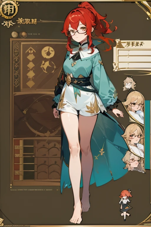 librarian girl, (sleepwear), fantasy themed, color palette teal gold white black, (((glasses))), red hair, ponytail, crystals, golden eyes, holding a stuffed animal, (((character sheet))), full body