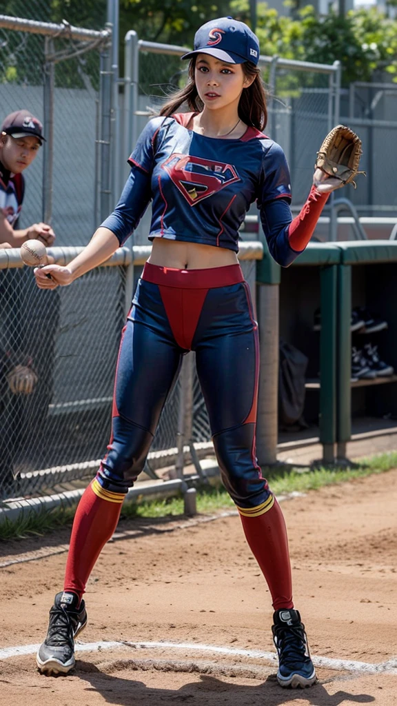 The scene where a female baseball player transforms into Supergirl, the transformation suddenly starts without any warning during the game, the surprised expression, the deformed baseball cap, the baseball uniform smoothly changes into the Supergirl costume, the baseball uniform long pants are the Supergirl costume Transforms smoothly into a shiny Supergirl costume, original transformation, bizarre transformation, transformation without any discomfort, baseball shoes smoothly transform into long boots,