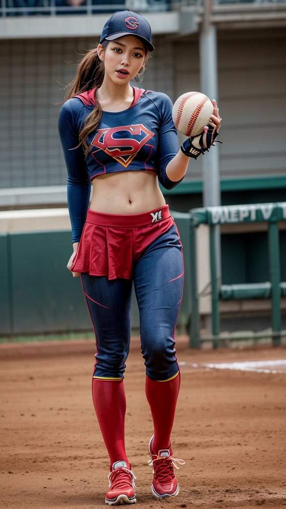 The scene where a female baseball player transforms into Supergirl, the transformation suddenly starts without any warning during the game, the surprised expression, the deformed baseball cap, the baseball uniform smoothly changes into the Supergirl costume, the baseball uniform long pants are the Supergirl costume Transforms smoothly into a shiny Supergirl costume, original transformation, bizarre transformation, transformation without any discomfort, baseball shoes smoothly transform into long boots,