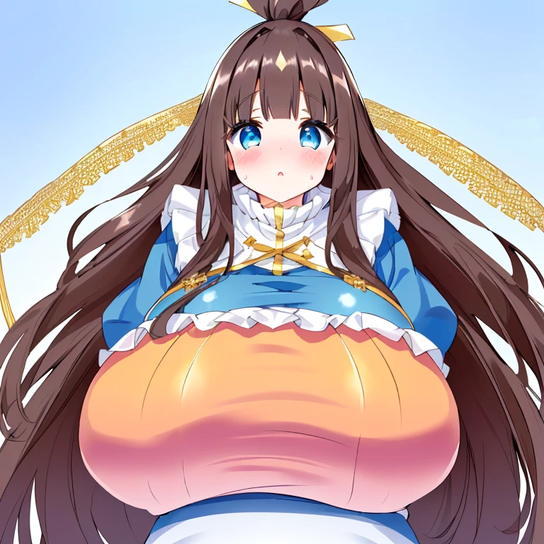 A Cute Young Girl, With (Lush, Long Dark-Brown Hair), (Beautiful Blue Eyes), and ((Absurdly Large, Excessively Oversized, Extremely Overinflated, Very Gigantic Breasts: 1.5)), Big Cleavage, ((Ridiculously Excessively Thick: 1.5)), (((Extremely Embarrassed Expression)))
