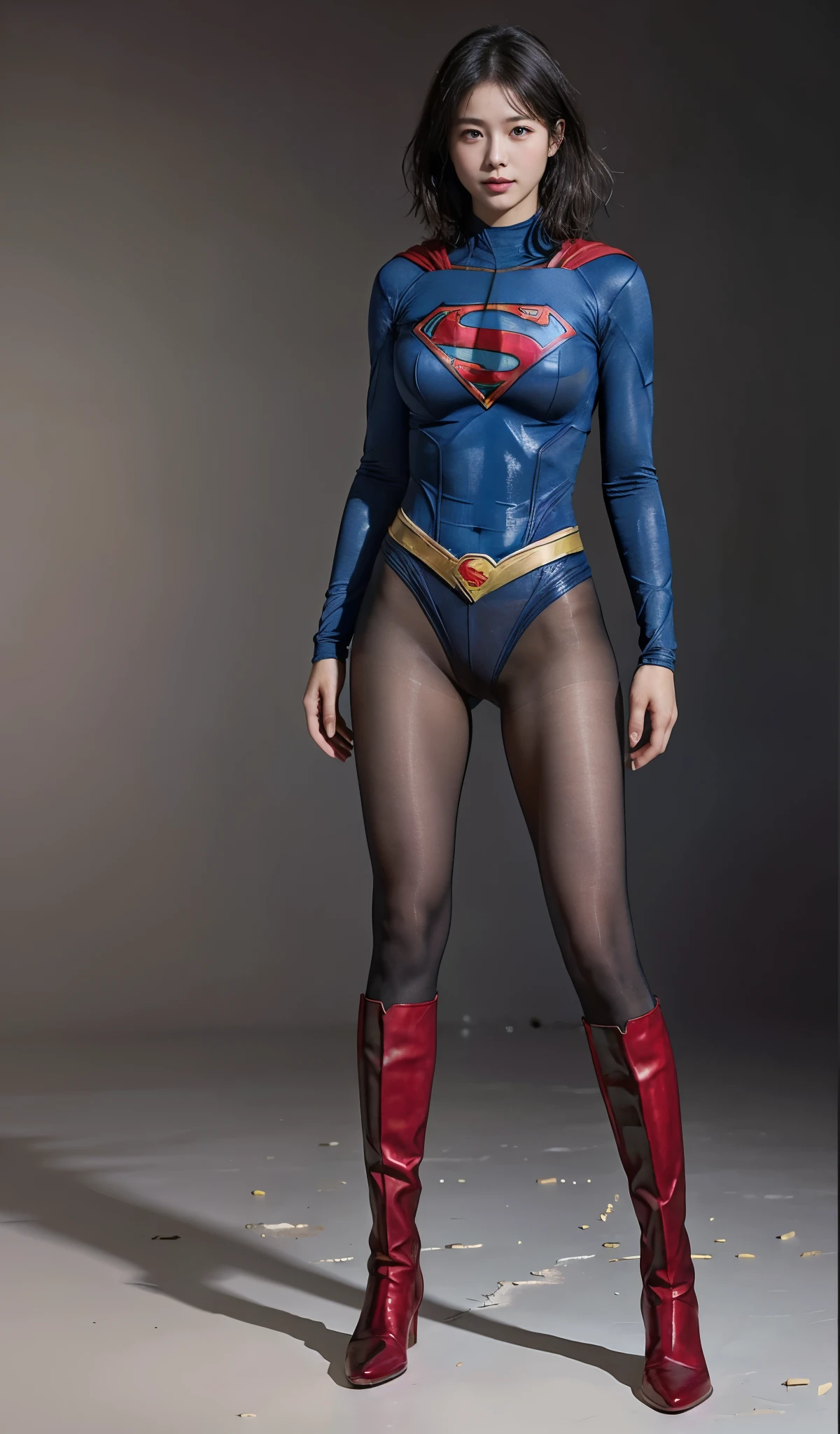 No background、(((Beautiful legs in black tights.)))、(((Legally express the beauty of your smile)))、((((Make the most of your original images)))、(((Supergirl Costume)))、(((Beautiful short bob hair)))、(((suffering)))、(((Please wear black tights....、Wear red boots)))、((Best image quality、8k))、((highest quality、8k、masterpiece:1.3))、(((Preserve background )))、Sharp focus:1.2、Beautiful woman with perfect figure:1.4、Slim Abs:1.2、Wet body:1.5、Highly detailed face and skin texture、8k