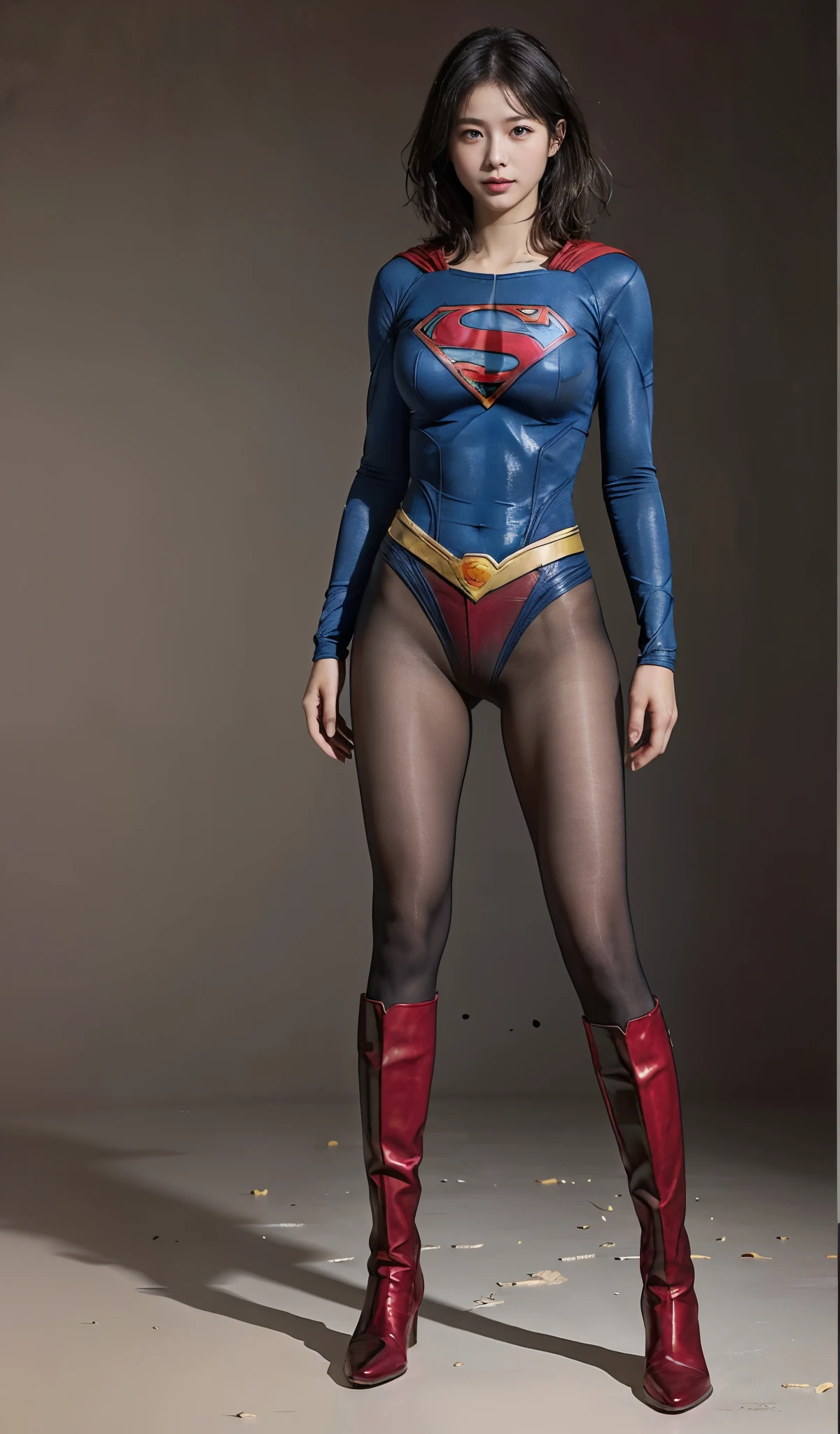 No background、(((Beautiful legs in black tights.)))、(((Legally express the beauty of your smile)))、((((Make the most of your original images)))、(((Supergirl Costume)))、(((Beautiful short bob hair)))、(((suffering)))、(((Please wear black tights....、Wear red boots)))、((Best image quality、8k))、((highest quality、8k、masterpiece:1.3))、(((Preserve background )))、Sharp focus:1.2、Beautiful woman with perfect figure:1.4、Slim Abs:1.2、Wet body:1.5、Highly detailed face and skin texture、8k