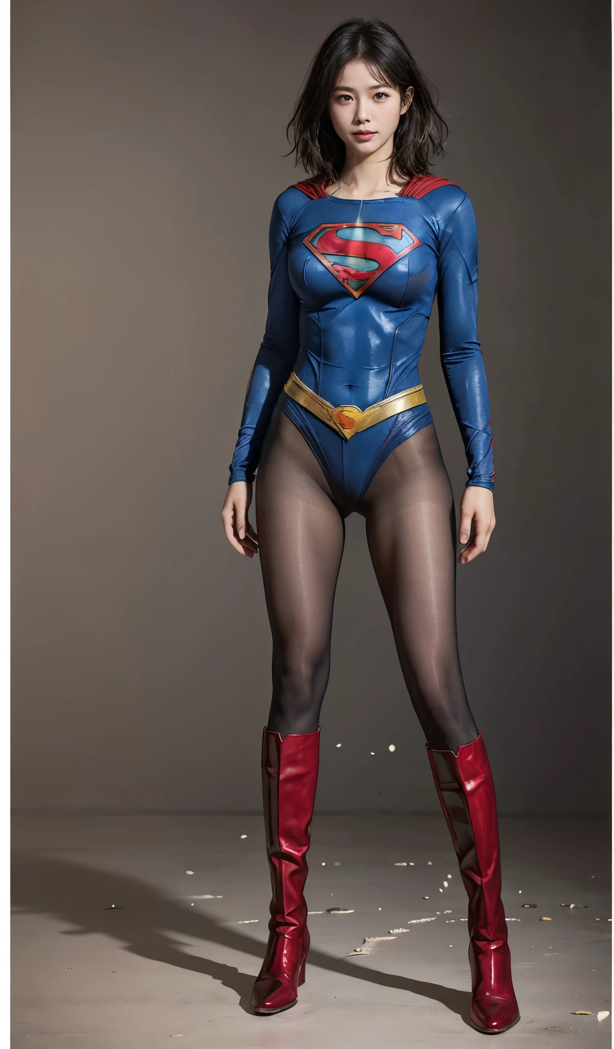 No background、(((Beautiful legs in black tights.)))、(((Legally express the beauty of your smile)))、((((Make the most of your original images)))、(((Supergirl Costume)))、(((Beautiful short bob hair)))、(((suffering)))、(((Please wear black tights....、Wear red boots)))、((Best image quality、8k))、((highest quality、8k、masterpiece:1.3))、(((Preserve background )))、Sharp focus:1.2、Beautiful woman with perfect figure:1.4、Slim Abs:1.2、Wet body:1.5、Highly detailed face and skin texture、8k