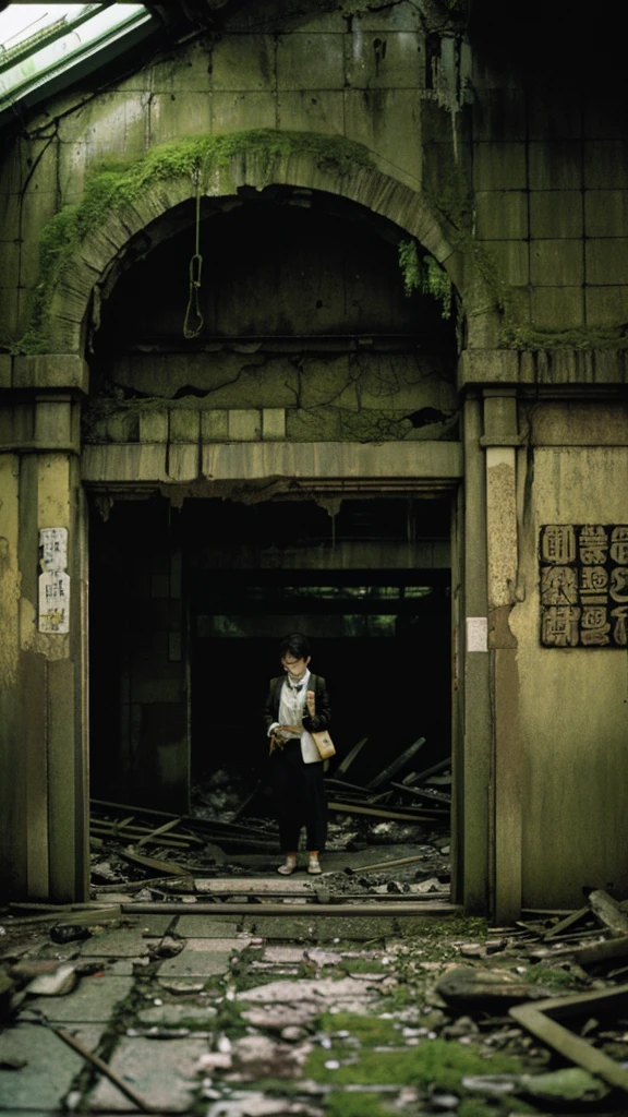 subway,moss,Showa,Collapse,Devastation,Inside the ruins,Glasses,Women,adventure,Black and White,