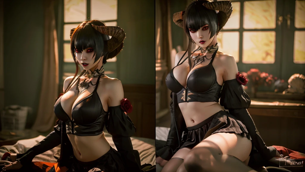Eliza from Tekken, in a black bra and cleavage, with a blouse falling over her shoulders, sexy black skirt, sensual look, soft orange light over the room at dusk