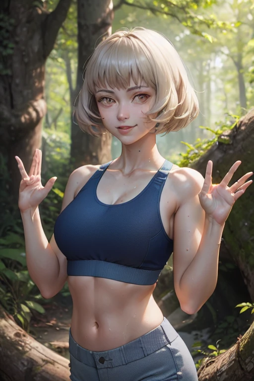obra de arte, melhor qualidade, Elizabeth Persona 3, wearing blue sports bra, topo de colheita, blue pants, olhando para o espectador, seios grandes, tronco, retrato, olhando para o espectador, Sorriso Sedutor, both hands raised, axilas, axilas visible, sweaty axilas, de cima,