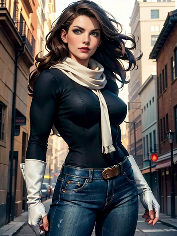 Ali Larter、(masterpiece:1.0), (Highest_quality:1.2), (Dark Shot:1.3), Classic Rogue, 1991 Rogue X-Men, 1 girl, Only 1, Head to Toe, standing on street corner, Elegant pose, (clothing: 茶colorの冬用コート, 茶colorのフード, Down lining, White scarf, gloves, jeans) Medium length hair, Brown Hair, Wavy Hair, One gray hair, Green Eyes, Mischievous look, Grin, Lips parted, Red lipstick, Heavy makeup, Confident expression, Backlight, (realism: 1.5), (Realistic: 1.4), (Disorganized:1.4), 8k, Very detailed, Detailed beautiful woman, (background: Midnight, it's snowing, On the streets of New York, Snowy Night), Official Art, Very detailed CG ユニティ 8k 壁紙, Perfect lighting, colorful, 超High resolution, photograph, 8k, High resolution, Kodak Portrait 400, Film Grain, blurry background, (Bokeh:1.2), (Vibrant_color:1.2), Film Grain:1.2, (暖かいcolor合い, Warm Tones:1.2), (color photo), プロのphotograph