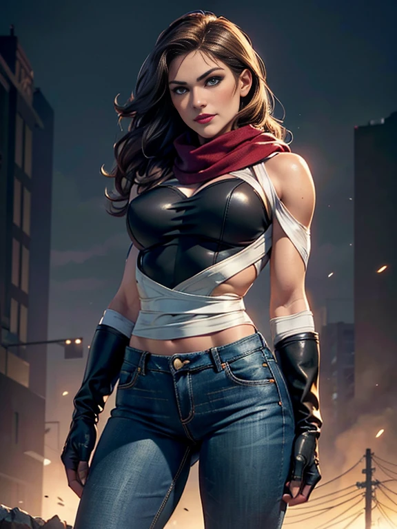 Ali Larter、(masterpiece:1.0), (Highest_quality:1.2), (Dark Shot:1.3), Classic Rogue, 1991 Rogue X-Men, 1 girl, Only 1, Head to Toe, standing on street corner, Elegant pose, (clothing: 茶colorの冬用コート, 茶colorのフード, Down lining, White scarf, gloves, jeans) Medium length hair, Brown Hair, Wavy Hair, One gray hair, Green Eyes, Mischievous look, Grin, Lips parted, Red lipstick, Heavy makeup, Confident expression, Backlight, (realism: 1.5), (Realistic: 1.4), (Disorganized:1.4), 8k, Very detailed, Detailed beautiful woman, (background: Midnight, it's snowing, On the streets of New York, Snowy Night), Official Art, Very detailed CG ユニティ 8k 壁紙, Perfect lighting, colorful, 超High resolution, photograph, 8k, High resolution, Kodak Portrait 400, Film Grain, blurry background, (Bokeh:1.2), (Vibrant_color:1.2), Film Grain:1.2, (暖かいcolor合い, Warm Tones:1.2), (color photo), プロのphotograph