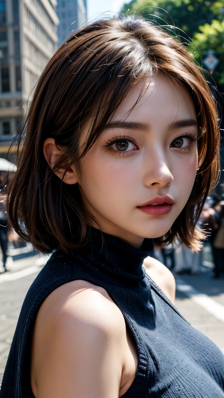 (raw photo:1.2), ((photorealistic:1.4)), best quality, masterpiece, extremely detailed, 8k wallpaper, fine detail, best quality, extremely detailed 8k wallpaper, detailed face, detailed eyes, double eyelids, highres, ((SFW)), MILF, aunt, huge breasts, short brown hair, lively eyes, sexy lips, sleeveless turtleneck sweater, tight blue jeans, Crowds in the city,
