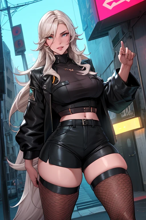 solteira, moleca de anime, curto, longos cabelos brancos, orelhas de lobo, Cauda de lobo, olhos azuis, thigh-high fishnet stockings, botas de combate pretas, vestindo jaqueta aberta forrada de pele, nu, Sozinho tomboy, just a female ((seios grandes)) Sozinho, sozinho, (Sozinho)(sozinho) coxas grossas, quadris largos, olhos azuis, olhos perfeitos, rosto perfeito, fleshy lips,camisa branca, barriga, shorts pretos cortados, rosto detalhado perfeito, (prostitution), (((prostituta))), standing, (Distrito de Redlight), luzes de neon, outdoors, fora de um bordel, tentando conseguir clientes, oferecendo sexo,