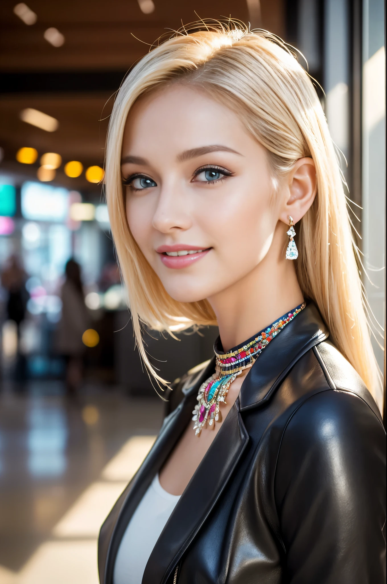 (best quality, 4k ,8k, highres, masterpiece:1.2), ultra-detailed, (realistic, photorealistic, photo-realistic:1.37), closeup, beautiful Swedish woman, beautiful smile, long lashes, defined eyebrows, platinum blonde hair, fair skin, slender figure, elegant posture, wearing large sparkling colorful jewelery, wearing a business style black leather dress, standing in a large shopping mall, gentle sunlight shining through the shopping mall windows, casting a soft glow on her face, adding warmth to the scene, vibrant colors, capturing the essence of vibrant city life, portrait style, showcasing her natural beauty and grace in a feminine way. 