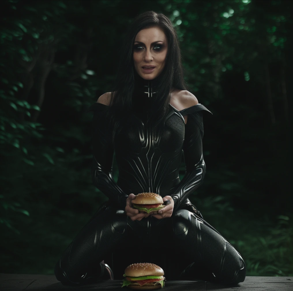 Best_QualityPos, RAW photo, intricate details, best quality, 8k uhd, soft lighting, 1girl, solo, black hair, long hair, armor, bare shoulders, Blue eyes, forest، Sitting and eating a hamburger