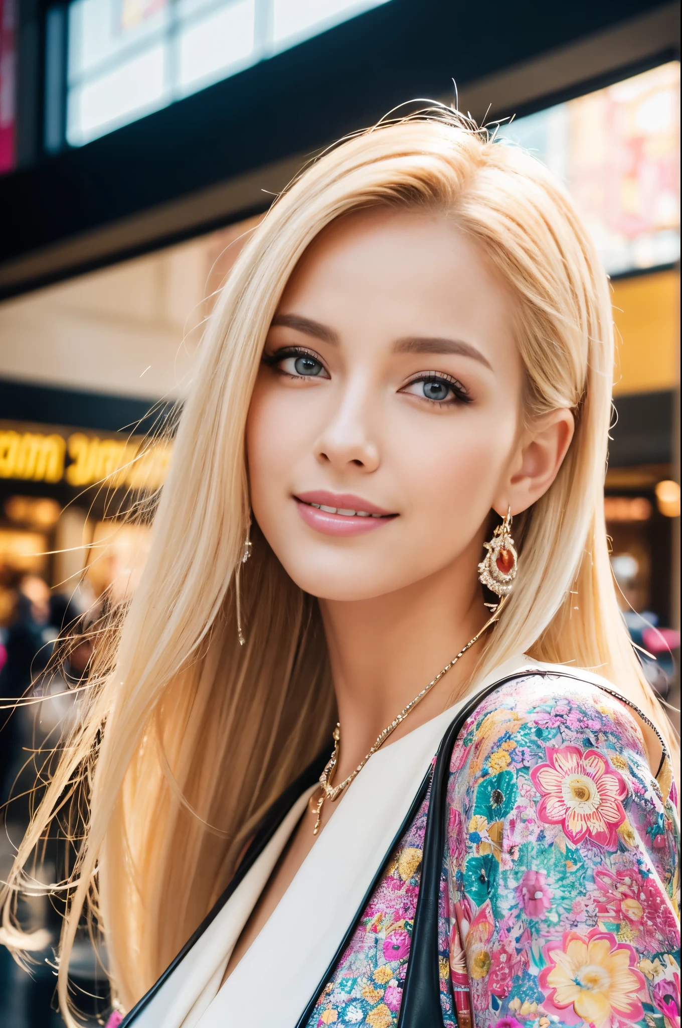(best quality, 4k ,8k, highres, masterpiece:1.2), ultra-detailed, (realistic, photorealistic, photo-realistic:1.37), closeup, beautiful Swedish woman, beautiful smile, long lashes, defined eyebrows, platinum blonde hair, fair skin, slender figure, elegant posture, wearing large sparkling colorful jewelery, wearing a business style black leather dress, standing in a large shopping mall, gentle sunlight shining through the shopping mall windows, casting a soft glow on her face, adding warmth to the scene, vibrant colors, capturing the essence of vibrant city life, portrait style, showcasing her natural beauty and grace in a feminine way.