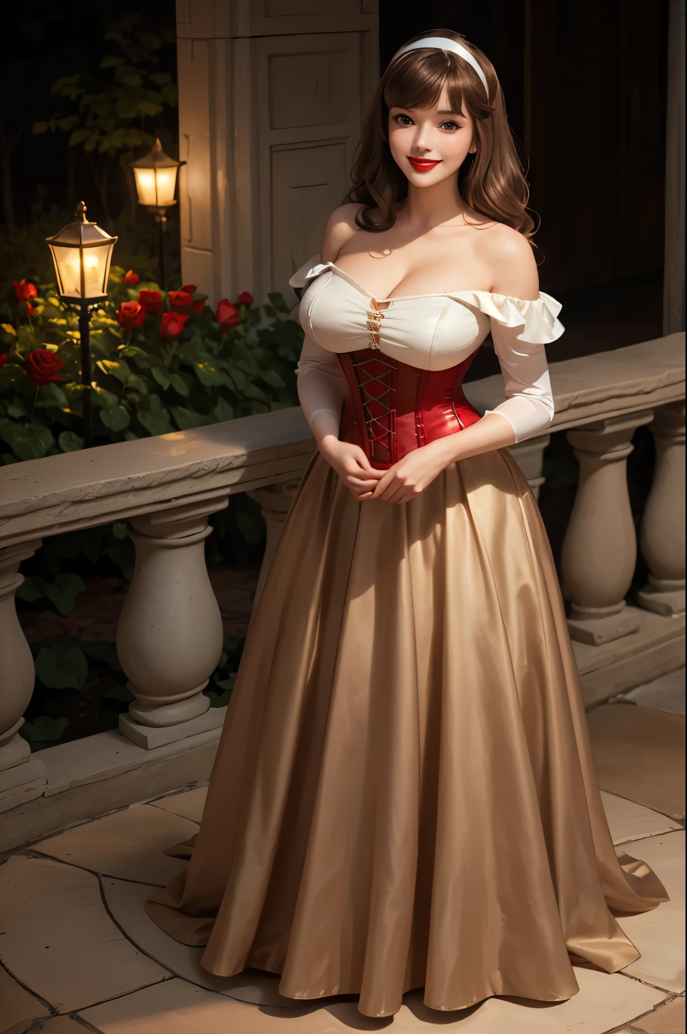 DisneyAurora 27 years old, full body shot, Beautiful woman (((shoulder length wavy light brown hair))) (bangs:1.2) (dress, red long skirt, blue corset, hairband) defined body, Red lipstick, smiling, hands free, standing, (huge_breasts:1.1) , rose garden, night (curvy:1.1)