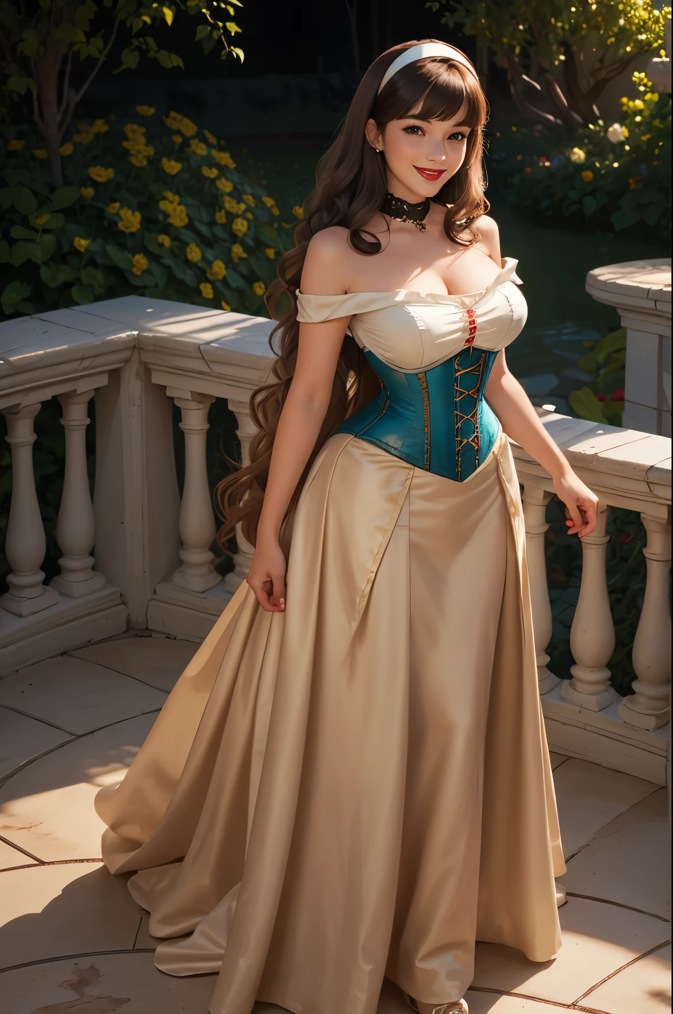 DisneyAurora 27 years old, full body shot, Beautiful woman (((shoulder length wavy light brown hair))) (bangs:1.2) (dress, red long skirt, blue corset, hairband) defined body, Red lipstick, smiling, hands free, standing, (huge_breasts:1.1) , rose garden, night (curvy:1.1)