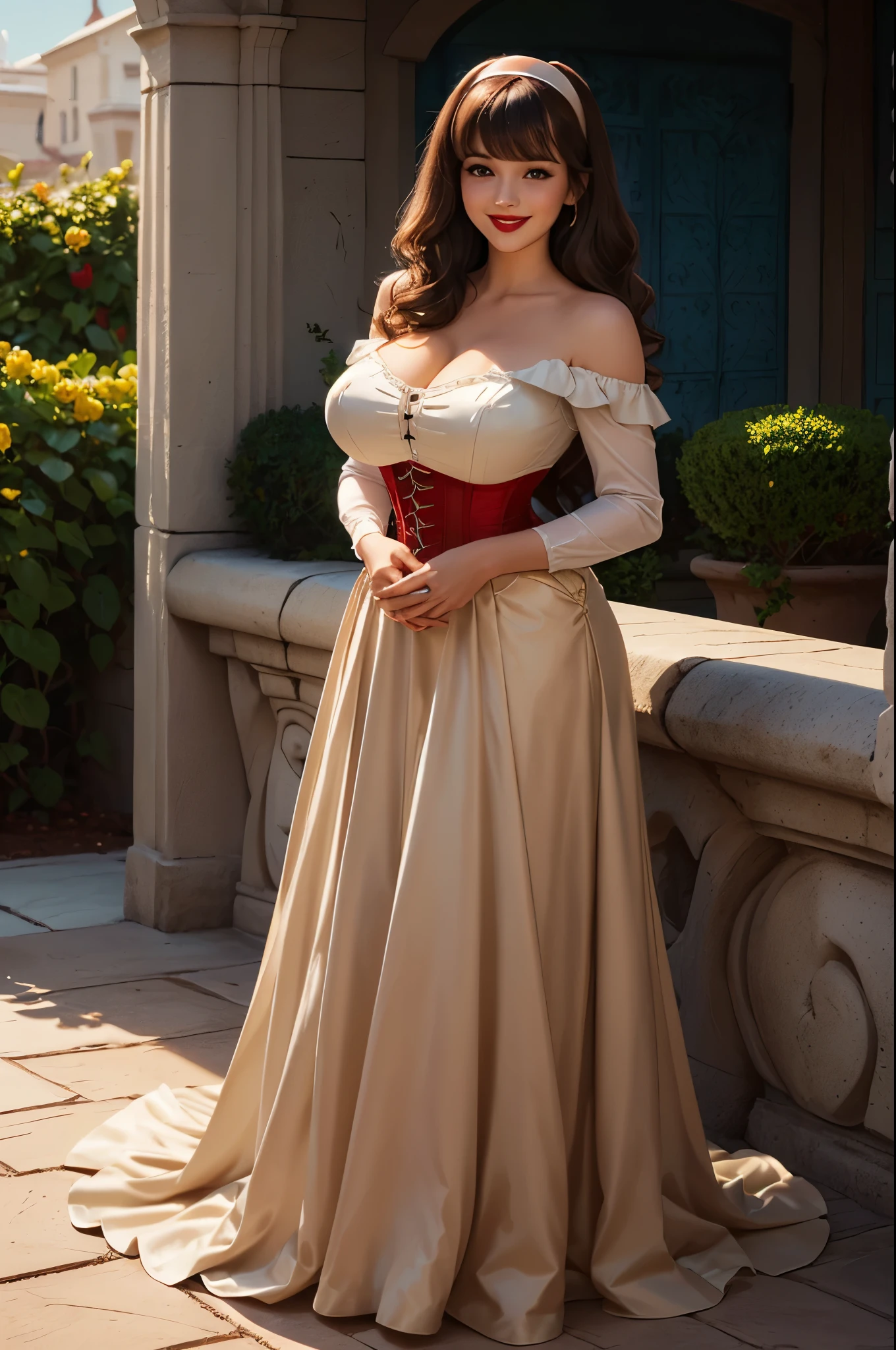 DisneyAurora 27 years old, full body shot, Beautiful woman (((shoulder length wavy light brown hair))) (bangs:1.2) (dress, red long skirt, blue corset, hairband) defined body, Red lipstick, smiling, hands free, standing, (huge_breasts:1.1) , rose garden, night (curvy:1.1)